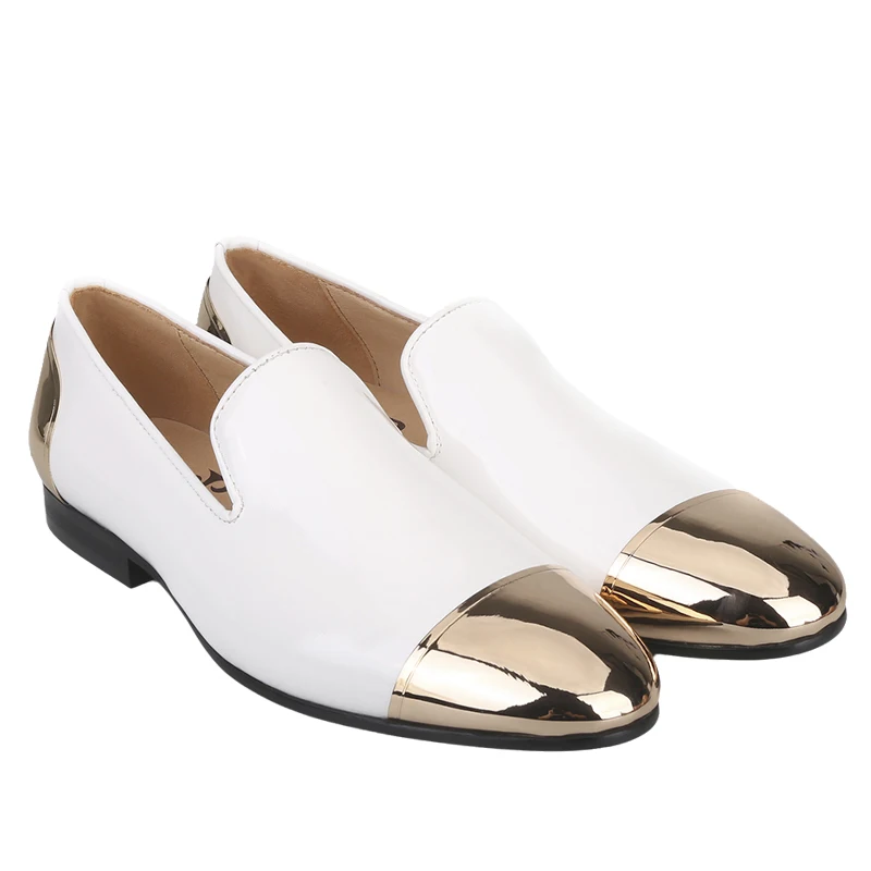 Piergitar Gentleman Style High Grade Patent Leather WIth Gold Metal Toe Cap Men's Loafers For Dinners And Wedding Formal Wear