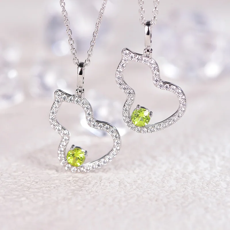 Peridot Pendant Natural 925 Silver Necklace Gourd  Hollow Pendant Natural Gem Clavicle Chain for Women with Certificate