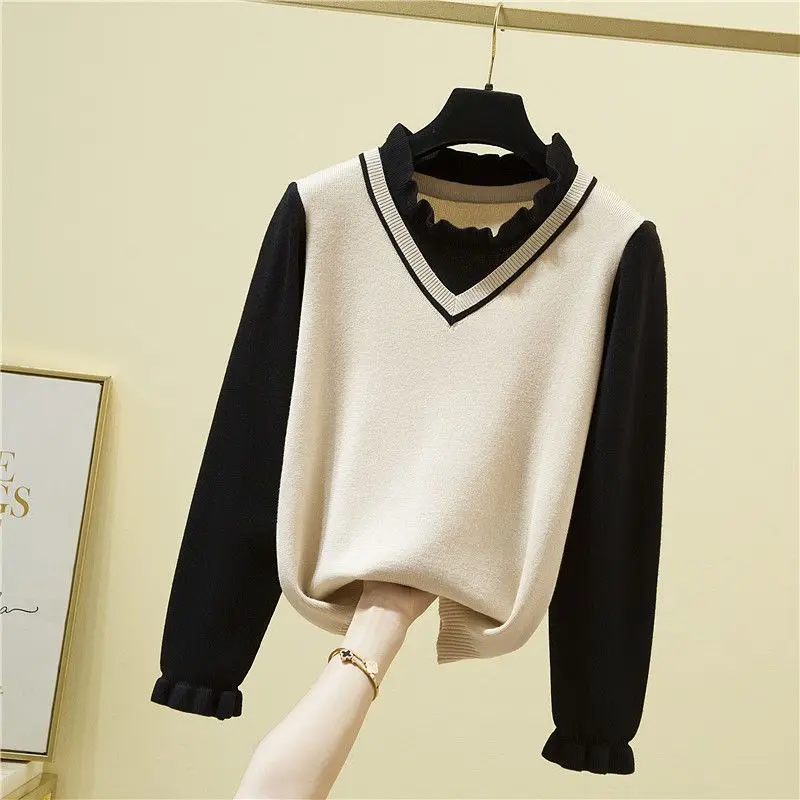 

Women's Clothing 2023 Spring Autumn Korean Edition Age Reducing Style Loose Outwear Versatile Fake Two Piece Knitted Sweater