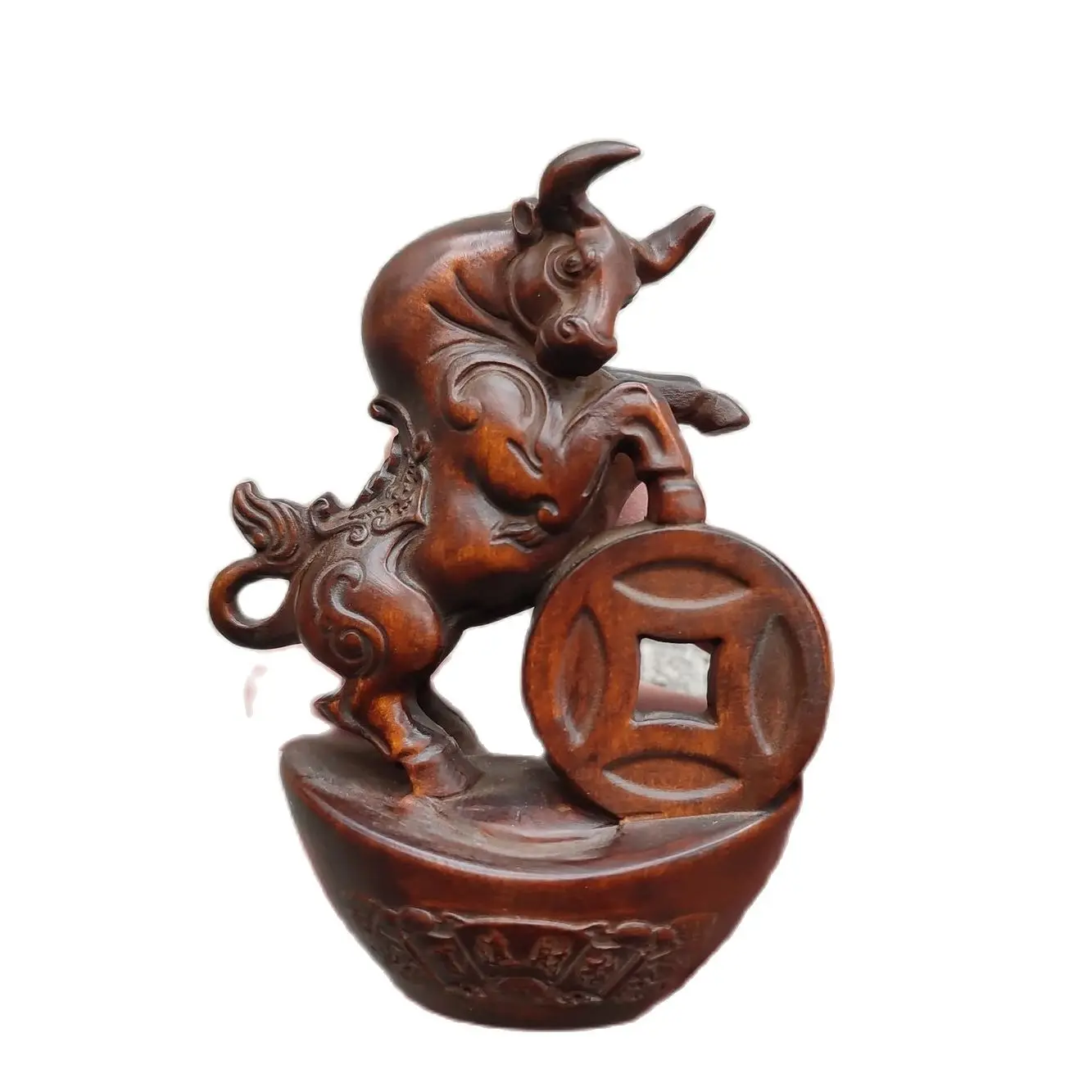 

Chinese Boxwood Carving Bovine Ox Statue Animal Figurine Wealth Desk decorative sculpture home decor