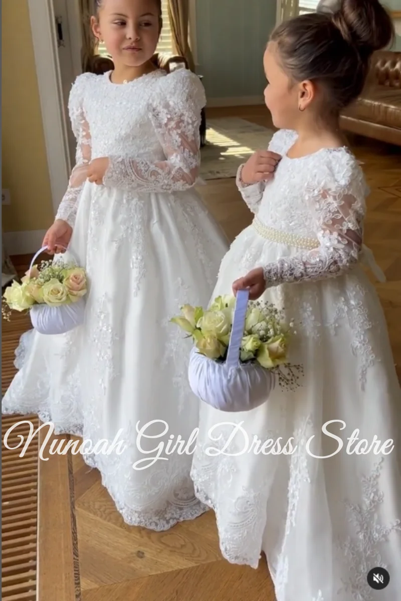 Weiße Blumenmädchenkleider für Hochzeit, Schleife, Spitze, Applikationen, bodenlang, für Mädchen, Kindergeburtstag, Party, Kommunion, Party-Kleider, individuell gestaltet