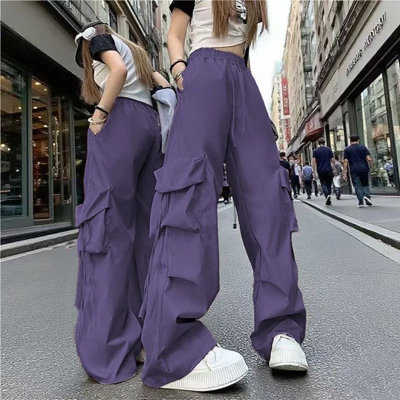 Fashion Y2K Loose Multi Pocket Drawstring Pocket Cargo Pants, Casual Sports Loose Wide Leg Pants For Hiking, Women's Athleisure