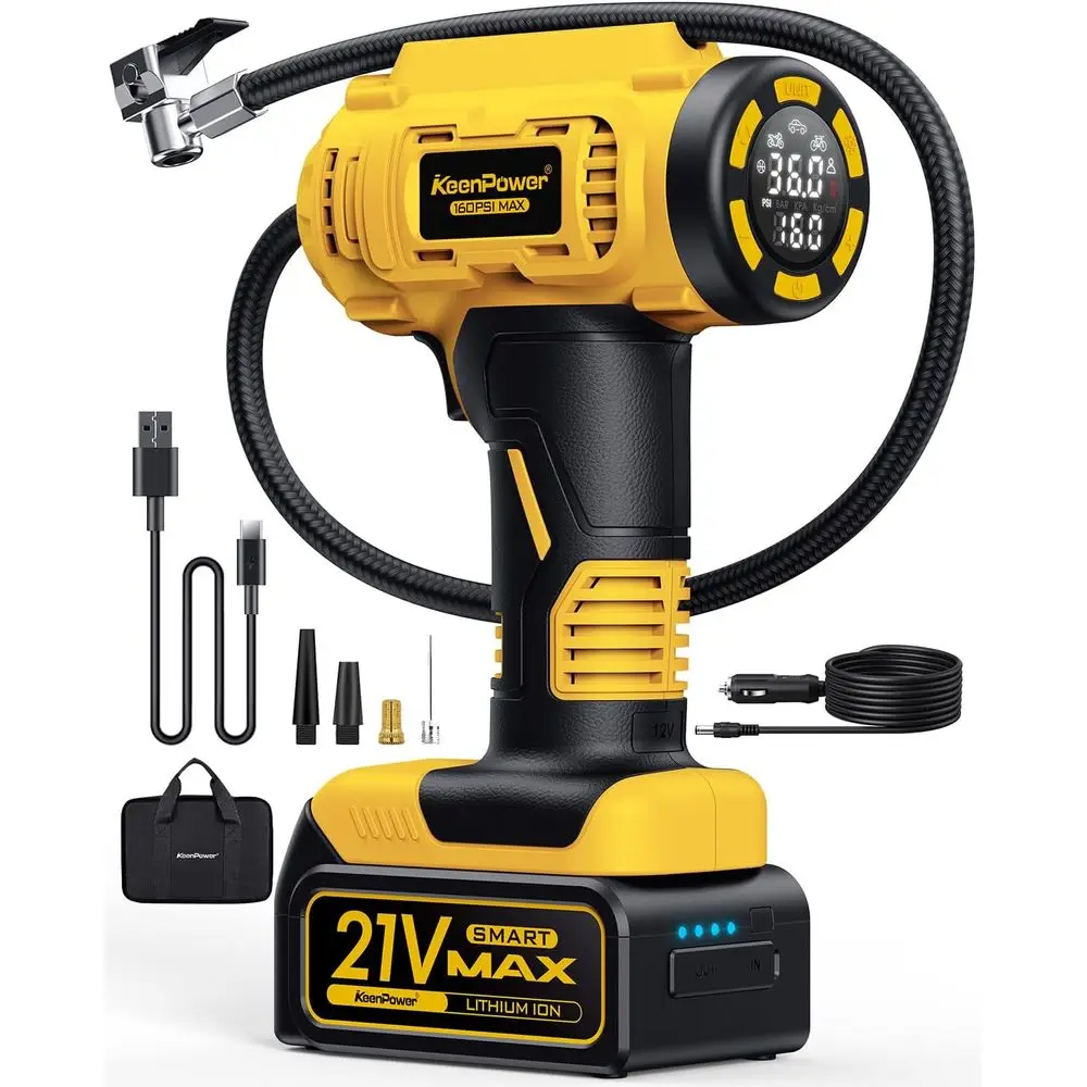 

Портативный воздушный компрессор, автомобильный насос для шин 160PSI, аккумулятор 21В, двойное питание, увеличенный цифровой дисплей, 4+ умных режима (Y)