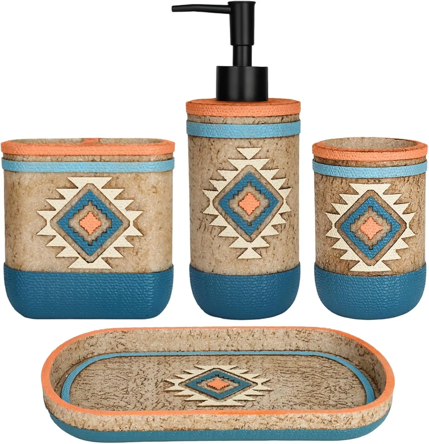 

4-Piece Bathroom Set with Tribal Southwest Pattern, Includes Dispenser, Holder, Cup & Tray
