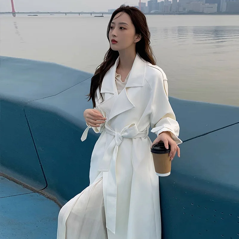 

Trench Coat Women Latest Block Edge Color-Block Stripe Abrigo Feel Dye Waistband Long-Sleeve Bohemian Multicolor Conventional