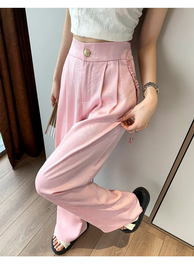 XIZOU 새로운 중국 스타일 자카드 와이드 레그 새틴 바지 여성용 우아한 솔리드 오피스 레이디 여성 캐주얼 루즈 팬츠