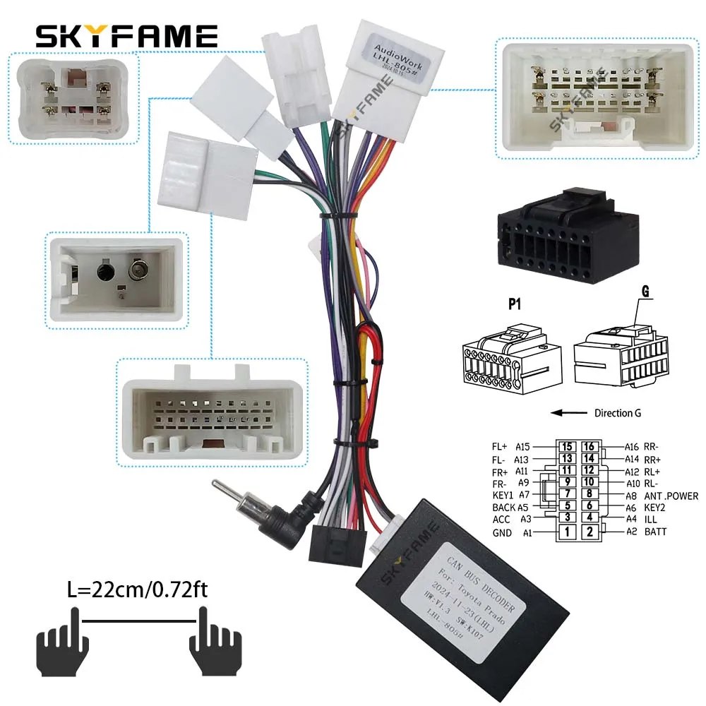 SKYFAME Car 16pin Wiring Harness Adapter Canbus Box Decoder Android Radio Power Cable For Toyota Prado