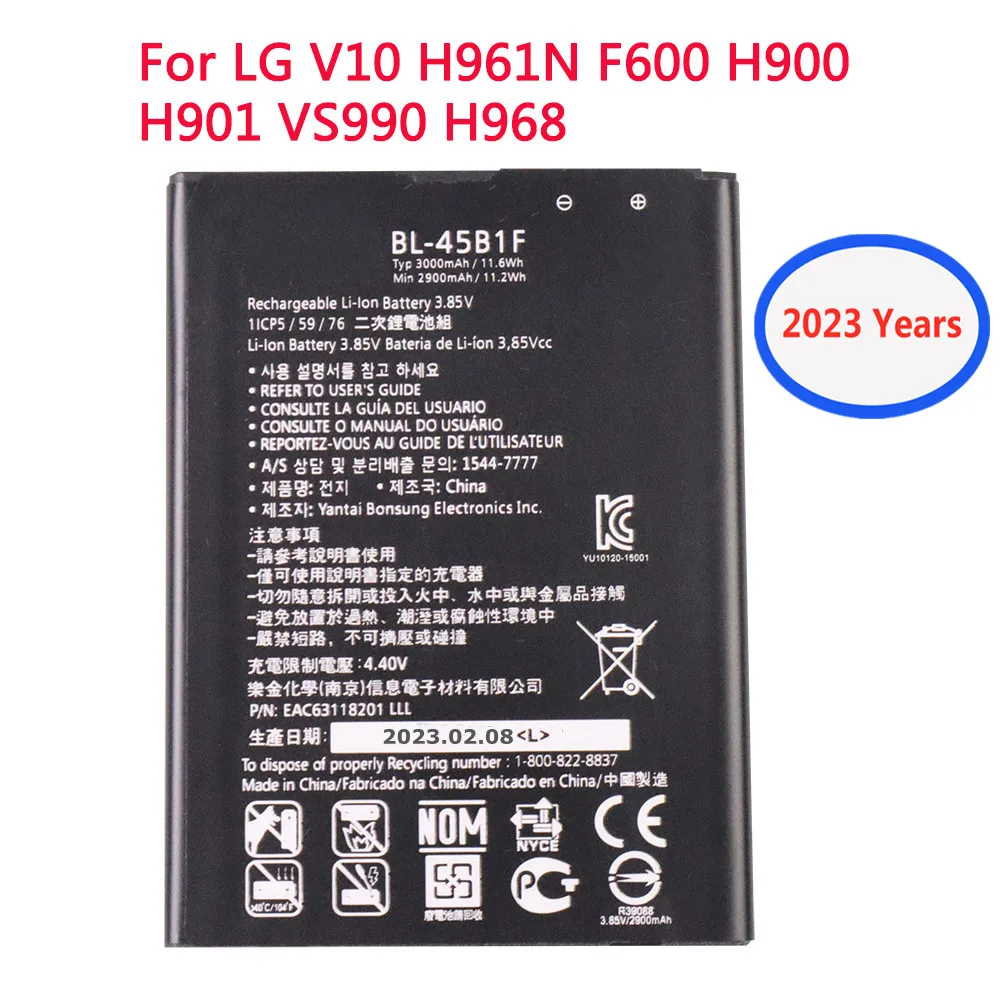 

2023 years New 100% Original BL-45B1F Battery For LG V10 H961N F600 H900 H901 VS990 H968 BL45B1F 3000mAh Phone Battery Bateria