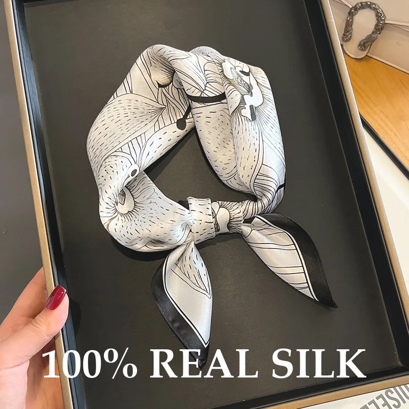 

Бело-черный шелковый платок 2026, 100% натуральный шелк, квадратный платок 53 см, роскошная высококачественная шелковая повязка на голову, фура, эшарп, шаль, стол.