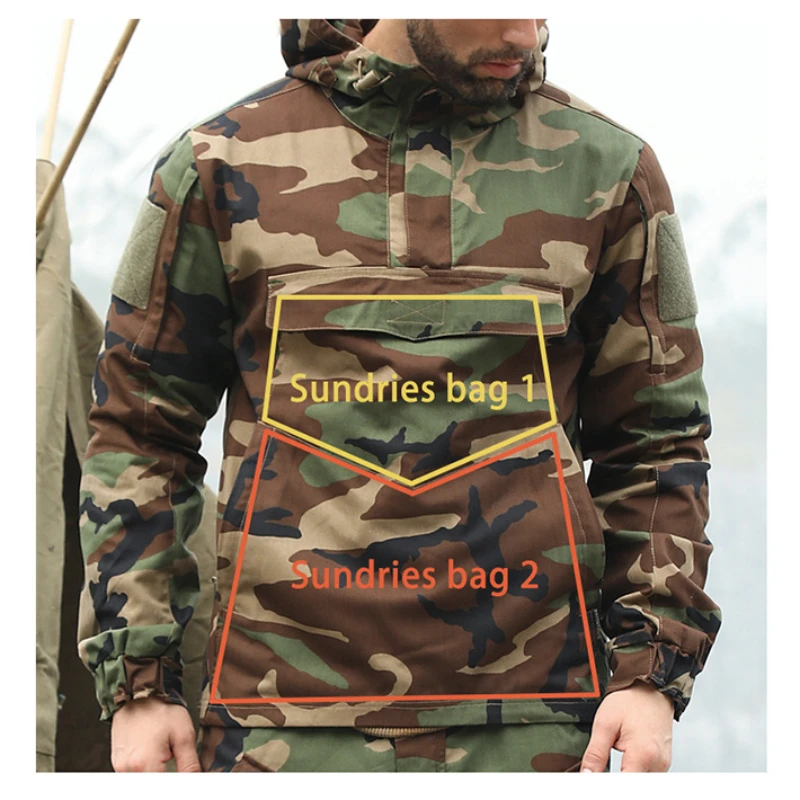 Novo malhado tático masculino com capuz blusão solto grande bolso camuflagem tigre remendo jaqueta acampamento ao ar livre caminhadas uniforme de treinamento