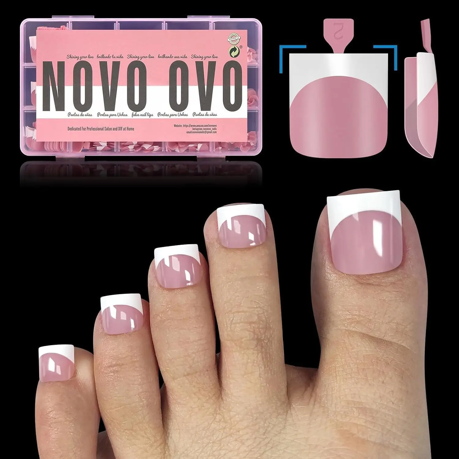 

French Tip Toe Nail Tips, Sharp Square Pre-Designed Soft Gel False Toenails, Berry Pink, 240pcs 15 Sizes