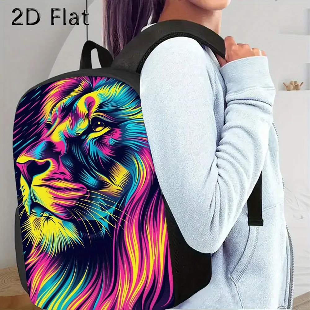 

1 Neon Lion Face Printed Backpack - Large Capacity School Bag with Laptop compartment, Durable Animal Theme Men's
