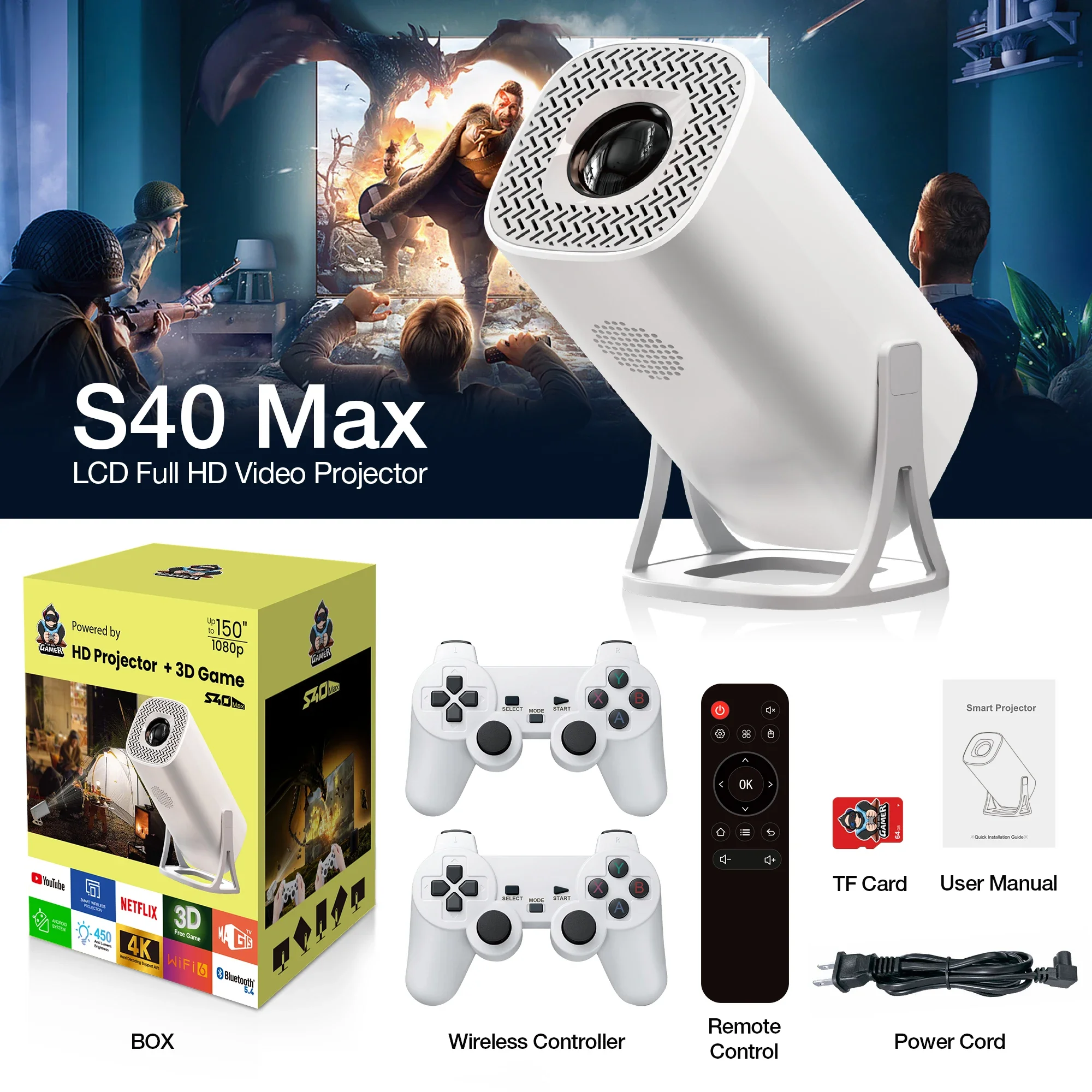 S40 max Mini smart projector 4k Game proyector Emulator 64GB 36000 Games projector 1080P Video Outdoor Beamer Android 11.0 OS