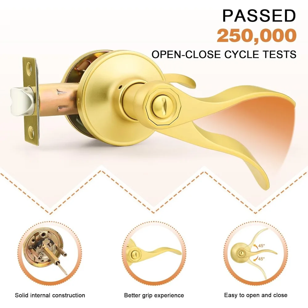 Interior Door Handle Wave Style Privacy Door Lever Gold Bed and Bath Handle Interior Keyless Leverset Lockset, Left/Right Hande