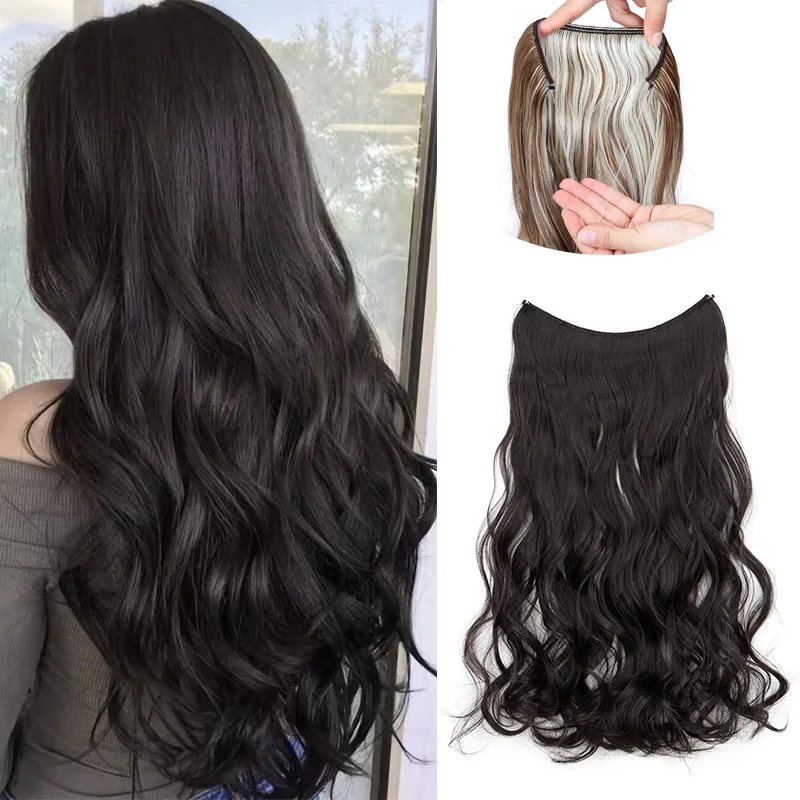20Inch Synthetic Long Curly Invisible Wire Hair Extensions Headband Heat Resistant No Clips Hairpiece for Women