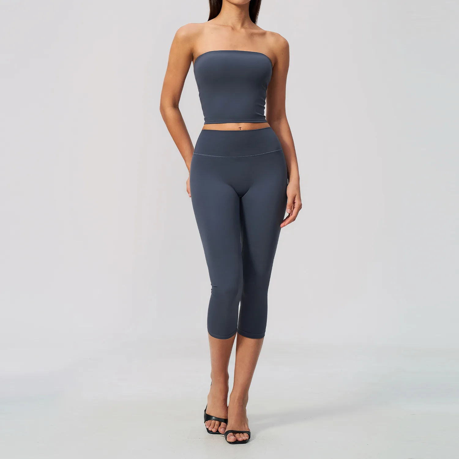 Women 2 Piece Yoga Set Fitness Clothing Running Workout Tracksuit Gym Outfits Sportswear Set Strapless Tube Top High Waist Capri