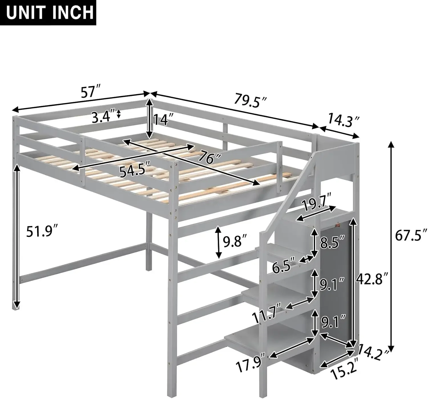 Bright Designs Full Loft Bed, Loft Bed Full Size with Storage Staircase and Wardrobe for Clothes, Wooden High Loft Bed Frame for