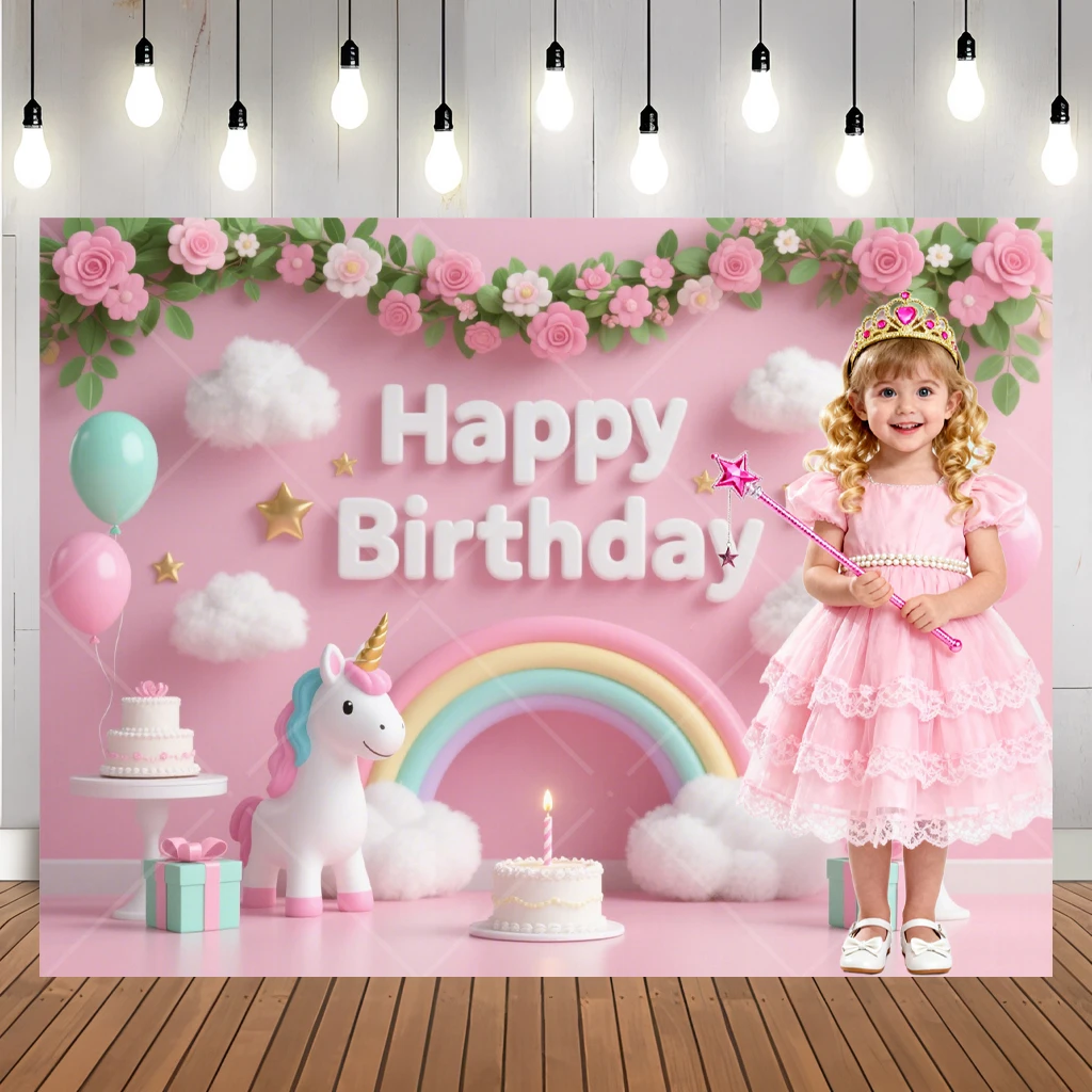 Rainbow Unicorn Pink Photo Booth Backdrop Customizable Girl Birthday Party Baby Shower Cake Table Pink Decoration Background