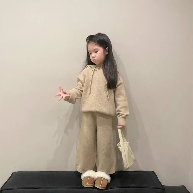 Korean Children\'s Sets Autumn Winter Girls Casual Sweater Set Hooded Knitted Coat and Pants Kids Two Piece Set Clothes