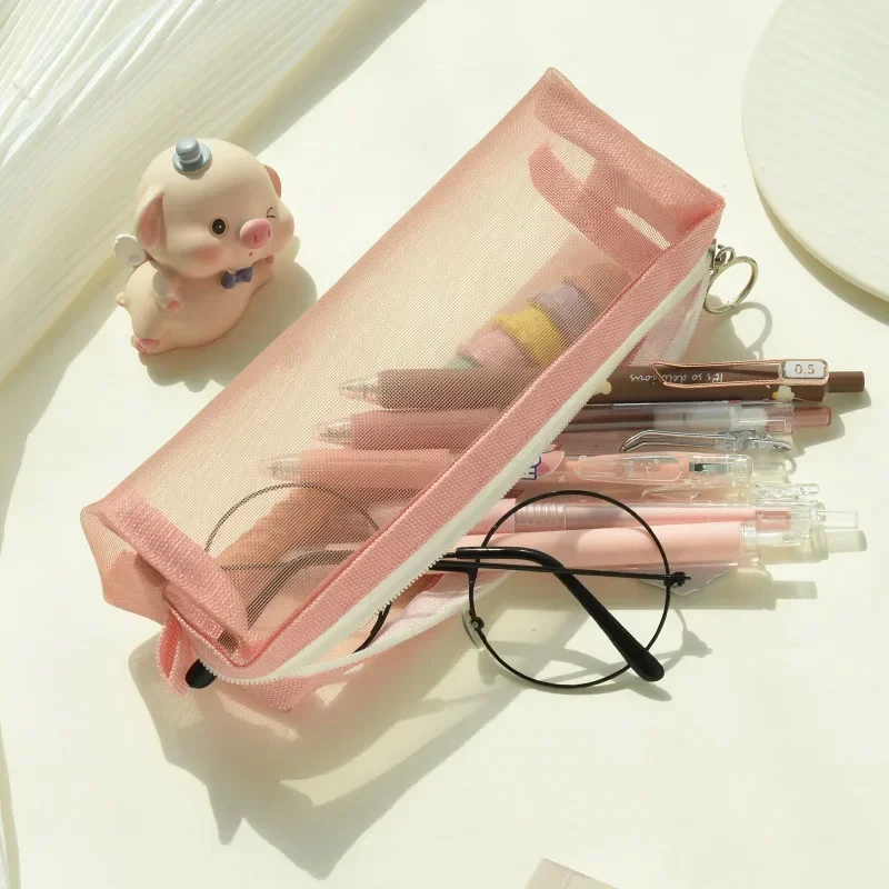 Multifunctional Cosmetic Pencil Bag Nylon Mesh Candy Color Makeup Bags Brushes Case Large Capacity Student Clear Pencil Case