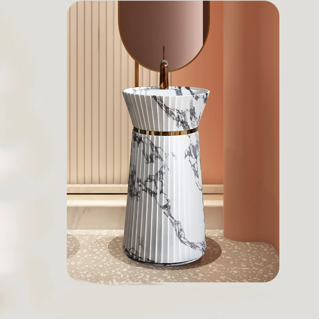 Marble-Look Slim Waist Pedestal Sink, Modern Minimalist Freestanding Wash Basin For Hotel Home Stay Bathroom RS22019