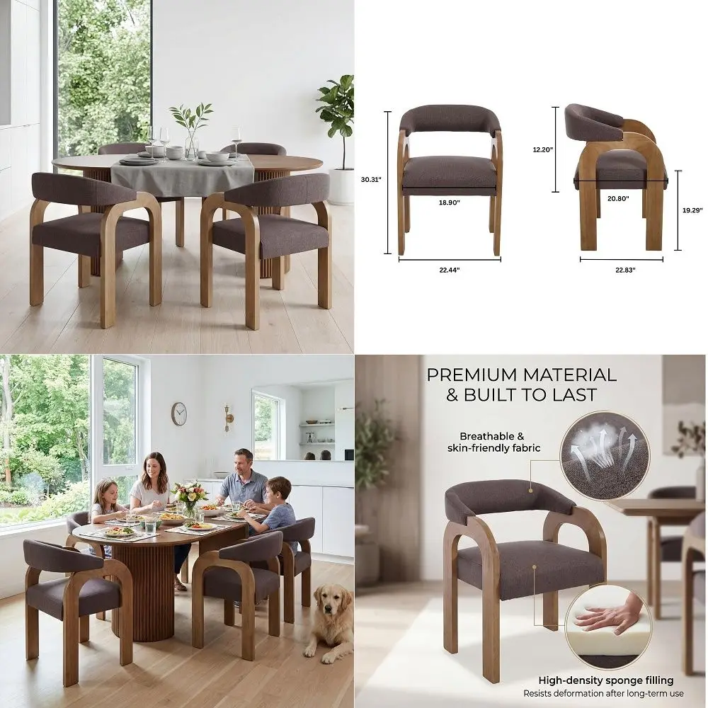 

Dining Chairs Set of 4 Upholstered Armchairs with Linen Cushions amp Curved Wooden Arms, Barrel Wood Kitchen Chairs for Dining