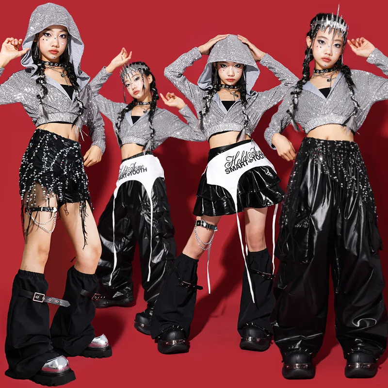 

Детские комплекты одежды для девочек: серебристо-черные худи с пайетками, шорты для уличных танцев, свободные брюки, блестящая одежда для хип-хопа и джаза, детская уличная одежда