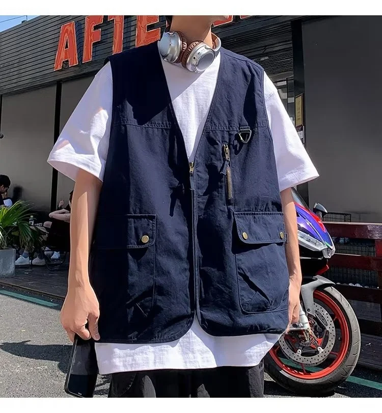 Loose Fit Men's Sleeveless V-Neck Tactical Vest Hip Hop Shoulder Pad Tank Top Summer Casual Fashion Workwear Outerwear