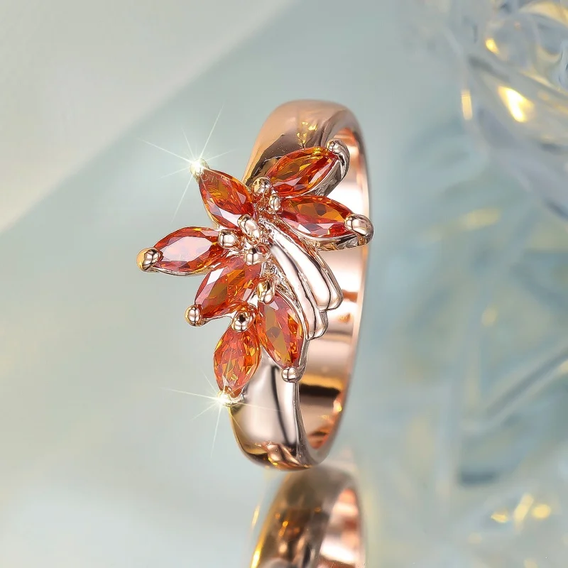 2026 New Autumn Maple Leaf Color Diamond Ring with Multiple Horse Eyes Orange Zirconia Light Luxury Gifts and Versatile Jewelry
