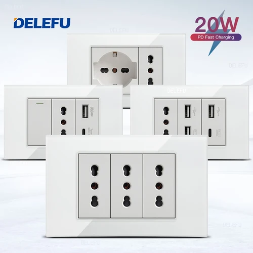DELEFU-Panel de cristal SC70 de 118mm, blanco, estándar italiano, USB tipo C, interruptor de toma de pared de carga rápida, TV, teléfono, CAT5, CAT6