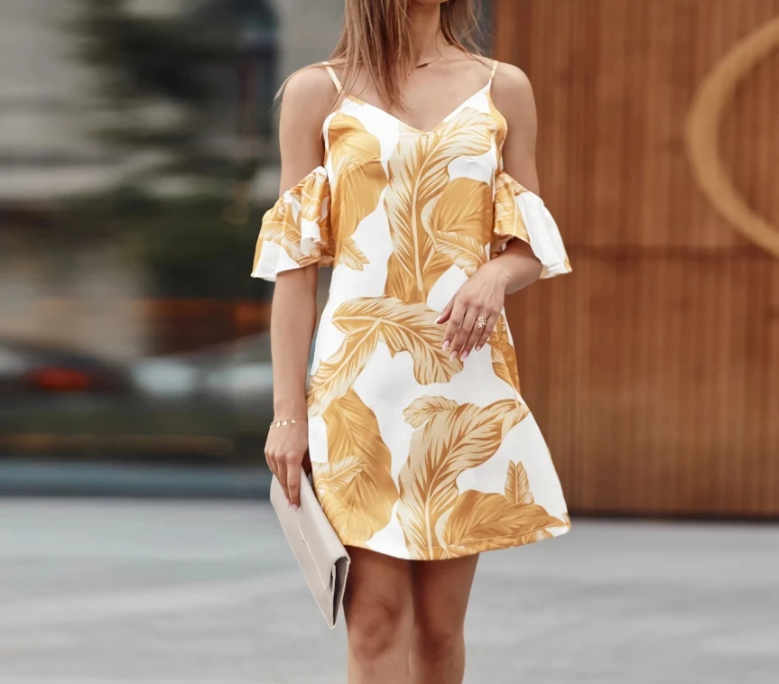 

Women's Camisole Dress 2024 Summer Casual Camisole Ruffle Sleeve Dress V-Neck Plant Print Temperament Midi Dress Woman Clothes