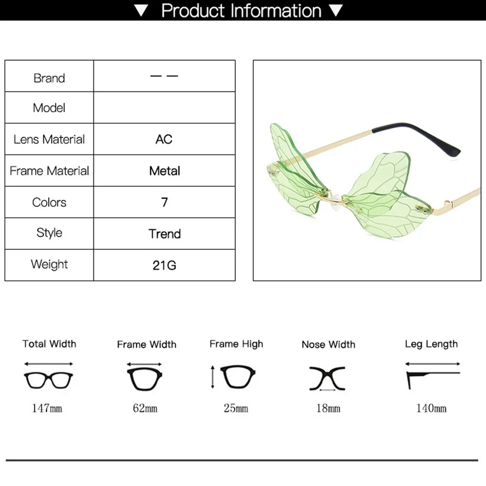 2024 Vintage Dragonfly Wings Sunglasses Fashion Rimless Women Clear Lens Eyewear Men Pink Sun Glasses UV400 Eyewear Female