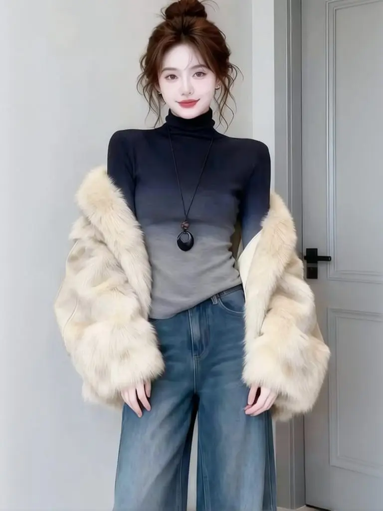 Turtleneck T-shirt Women Gradient Layering Basic Tees Fashion Warm Long sleeve Tops Slim fit Korean Fashion New Tech Fleece