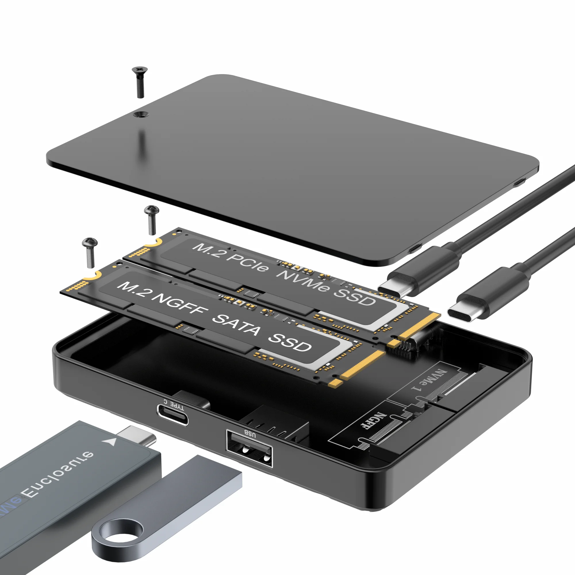 USB3.2 Dual Bays M.2 NVME SSD الضميمة RGB 10Gbps PCIe NVME محطة الإرساء GEN2 الحالة الصلبة M.2 صندوق القرص الصلب محول للكمبيوتر