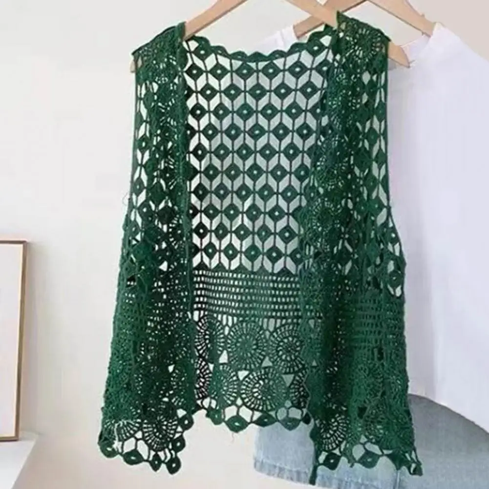 Women Summer Vest Hollow Out Retro Knitted Crochet Tank Top Sleeveless Loose Solid Color Open Stitch Thin Cardigan Waistcoat