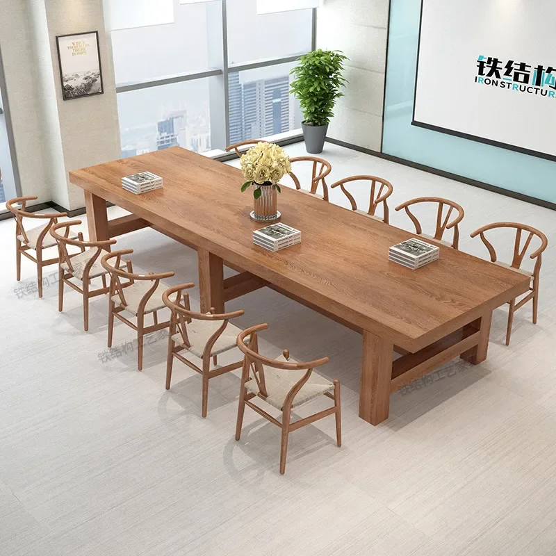 Nordic Large Conference Table Simple Modern Original Solid Wood Industrial Style Desk Negotiation Table and Chair Combination