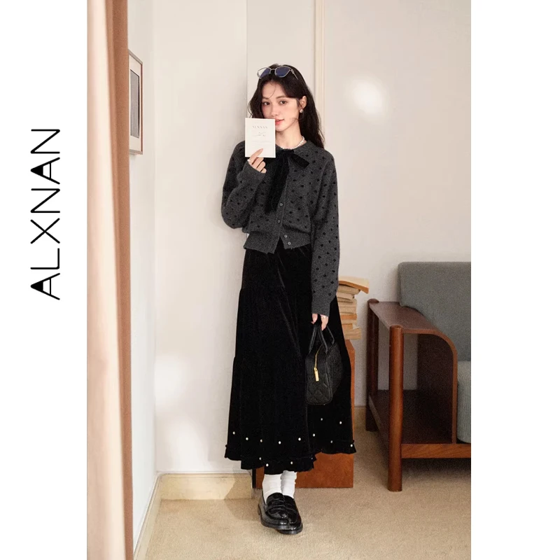 

ALXNAN Plus Size Polka Dot Knit Cardigan Bow Design Loose-fit Casual Sweater 2025 Winter Fashion Elegant Female Clothing D60222