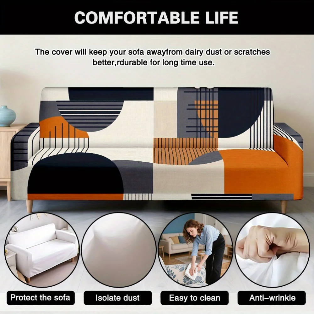 1pc Mid-Century Modern Geometric Abstract Print Stretch Sofa Cover, Removable Washable Couch Slipcover