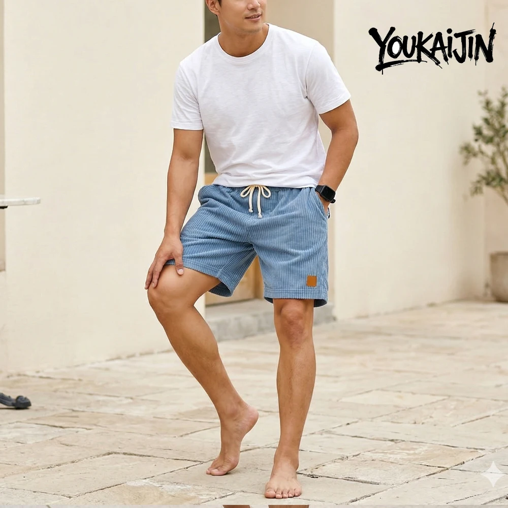 Corduroy Shorts Men EU Size Outdoor Loose Straight Casual Pants Summer Beach Retro Drawstring Elastic Waist Travel Shorts - Image 5