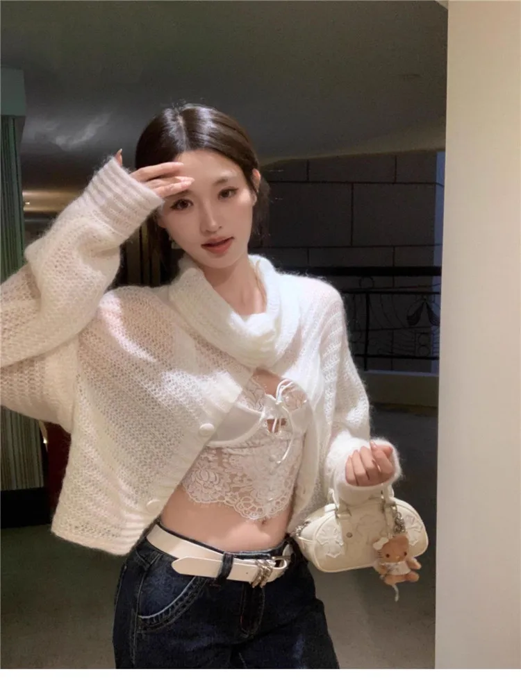 

French White Soft Mohair Knitted Cardigan Lazy Style New Women Long Sleeve Loose Casual Thin Sweater Shirt Hollow Crochet Top