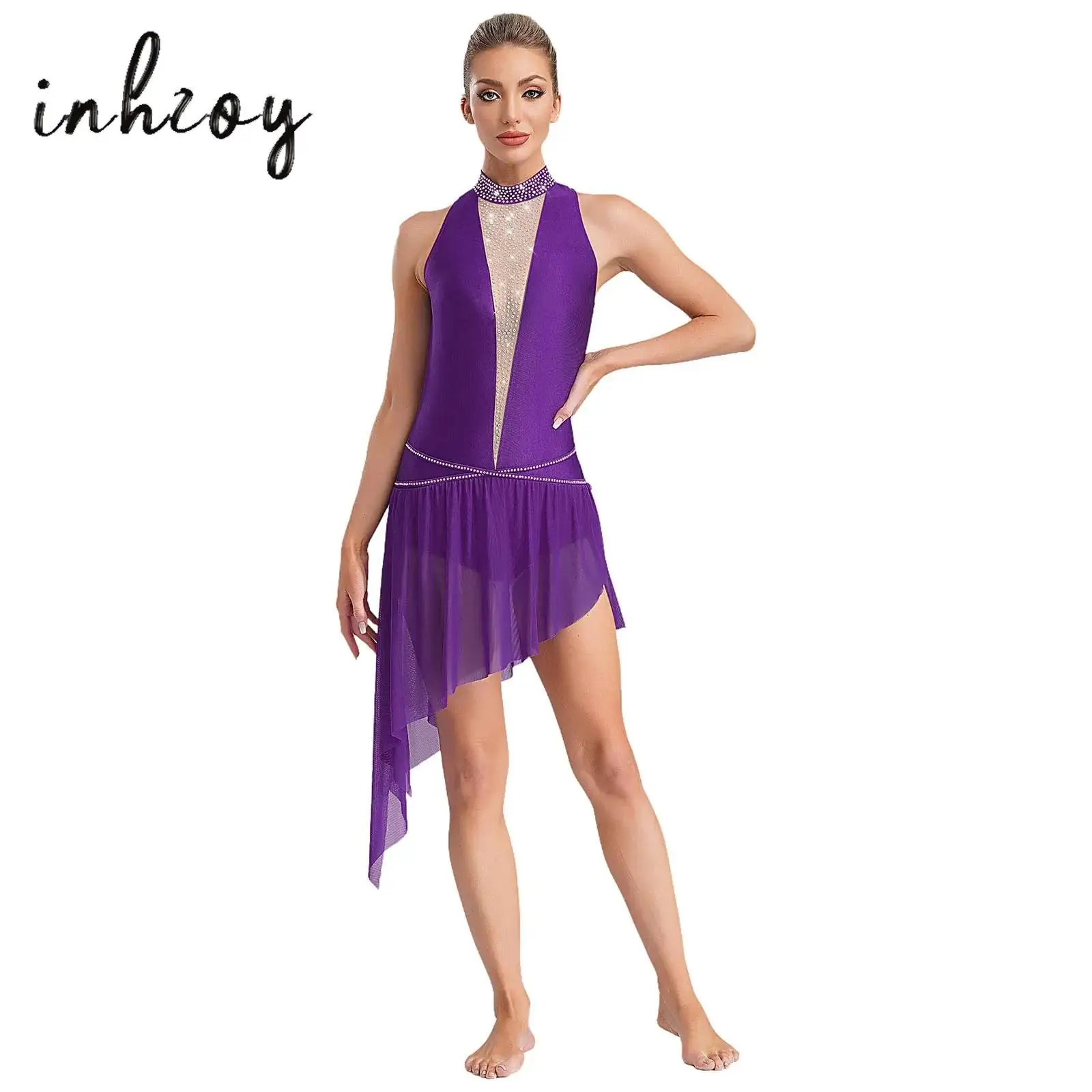 

Womens Lyrical Dance Figure Skating Dress Sleeveless Sparkling Rhinestones Sides Split Asymmetrical Dress Gymnastics Performance