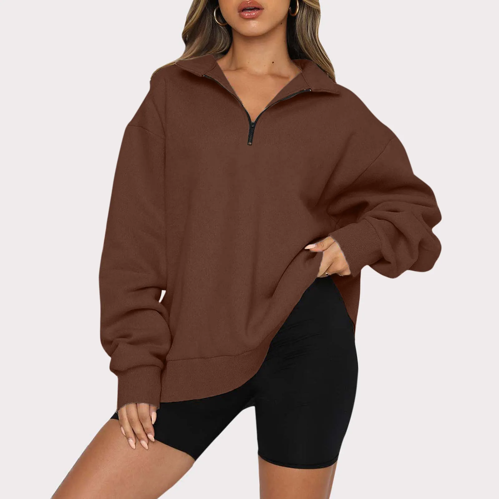 المتضخم طويلة الأكمام البلوز للنساء ، نصف البريدي البلوز ، Hoodie هوديي ، موضة ممارسة رياضية ، البلوفرات الأساسية ، 90s ، الأمريكية