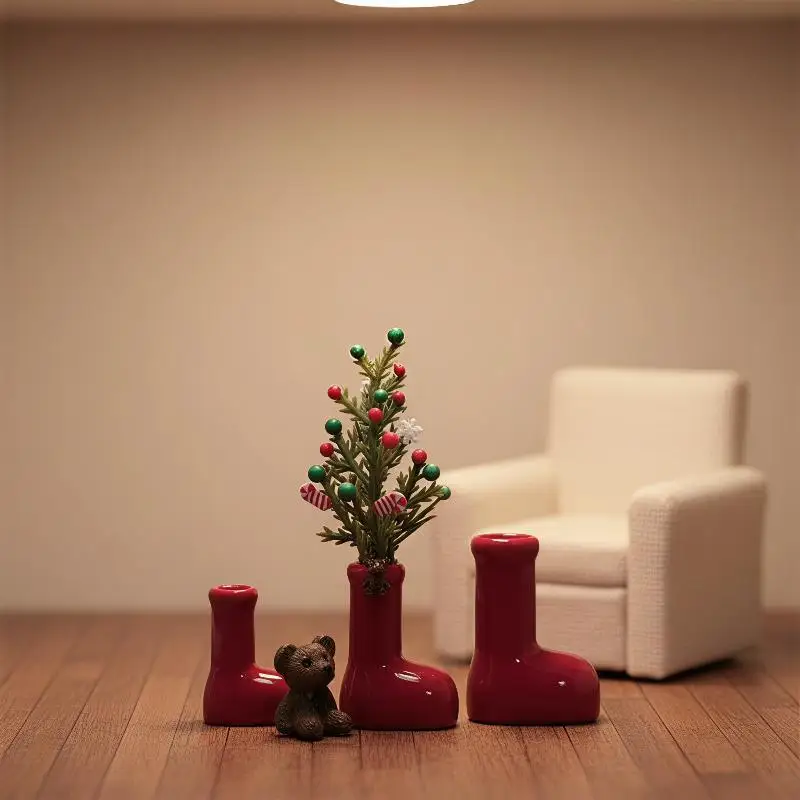 Mini Christmas Red Boots Shaped Rubber Vase Cute Desktop Dollhouse Ornament for Festival Home Decoration