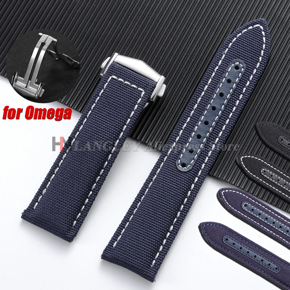 Image of 20 mm 22 mm Nylon-Uhrenarmband für Omega Seamaster 300 Uhr für Speedmaster AT150 Canvas Matte Faltschließe Herren-Sportarmband