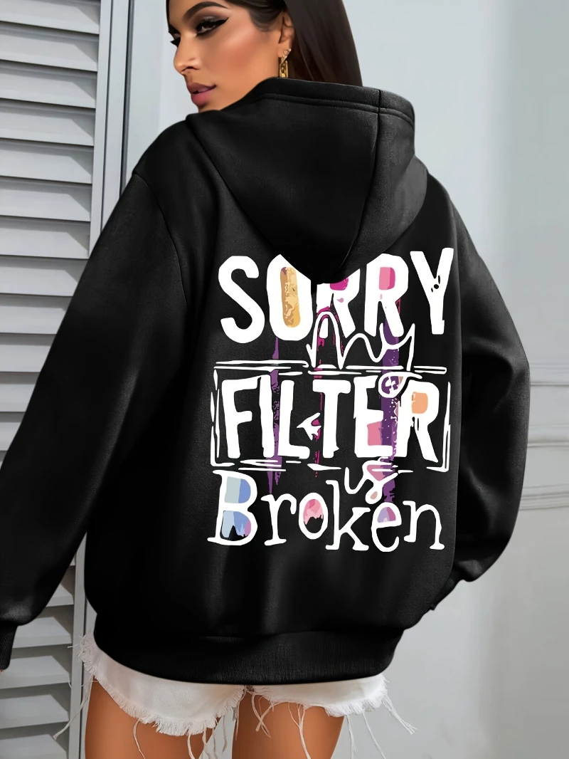 

2025 Autumn and Winter Women's _sorry Filter Broken Graphic Hoodie Cozy Fleece High-end Luxury Is for Both Men and Women Top Y2k