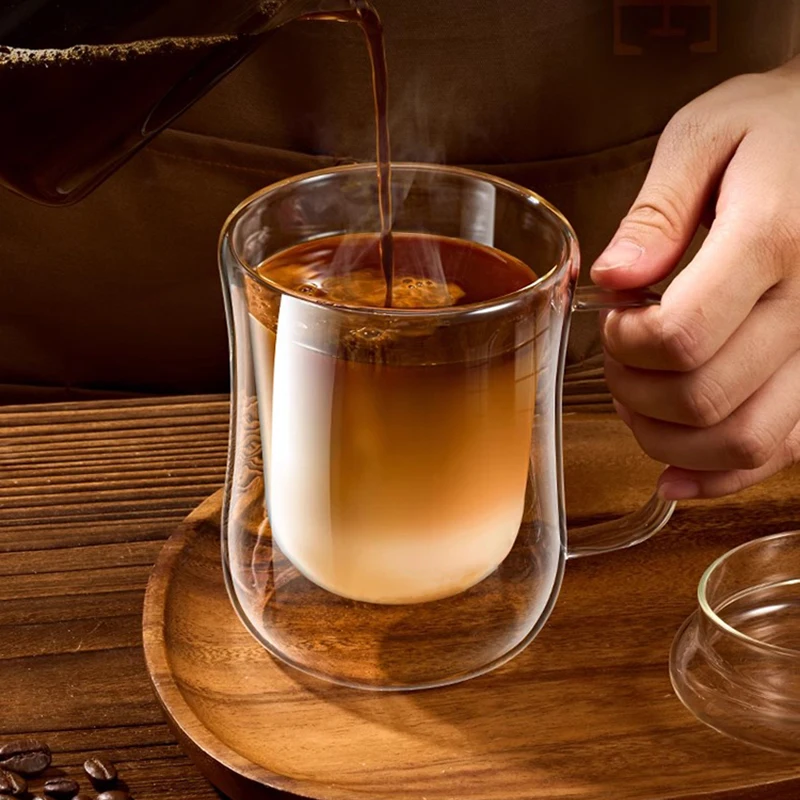 YWDL 1/2/4PCS Double Wall Glass Cup Clear Coffee Mug With Handle For Hot Cold Beverage Milk Juice Drinkware Set 220/300/400ml