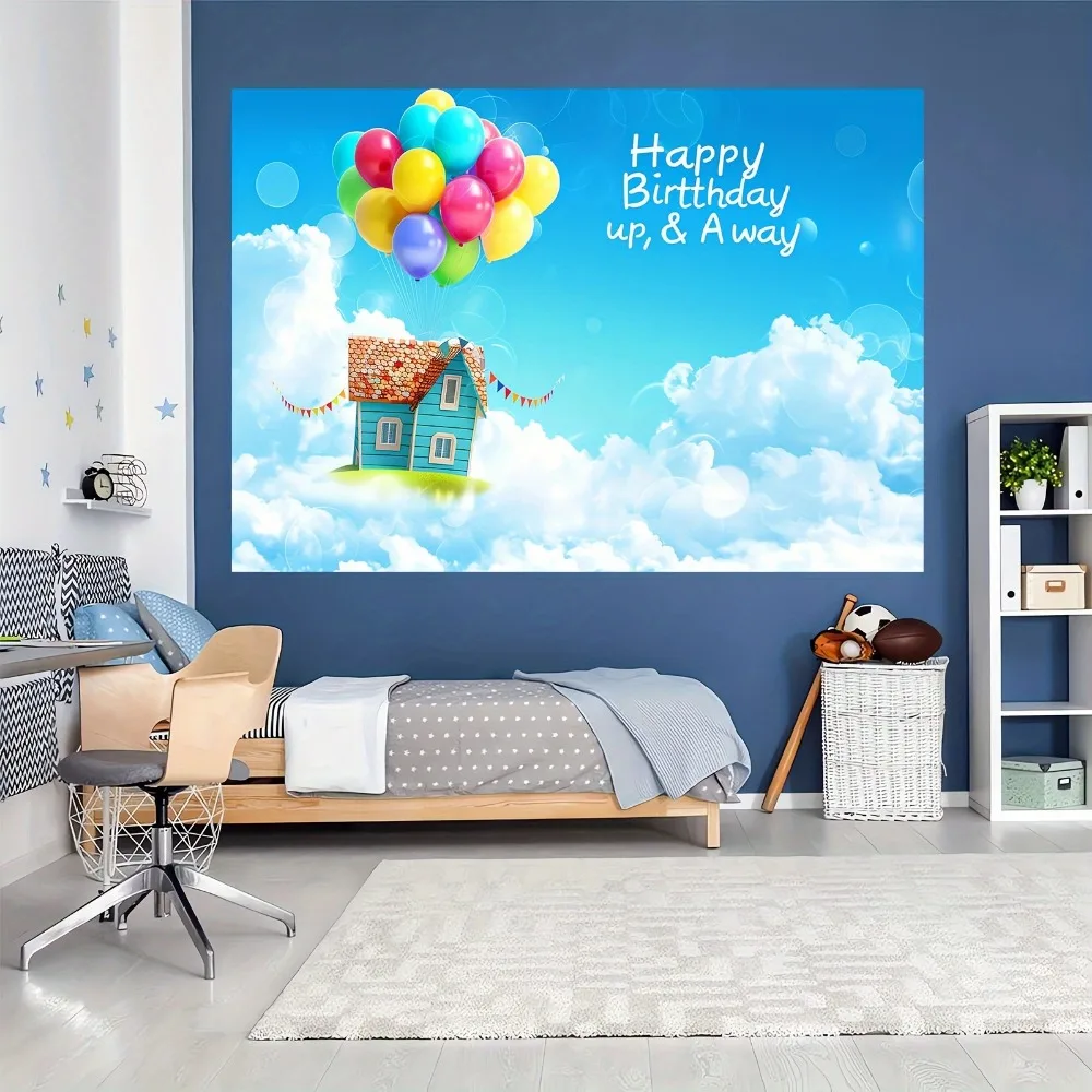 Birthday party photo background Adventure Happy Birthday up, balloons party decoration blue sky white clouds, banner decoration