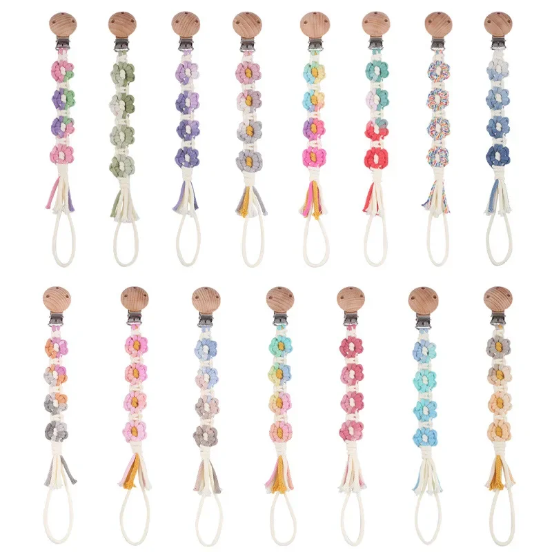 Kissteether bebek emzik zinciri karikatür kayın ahşap klipler el yapımı örgü çiçek emzik klipsi diş kaşıyıcınız kukla tutucu aksesuarları