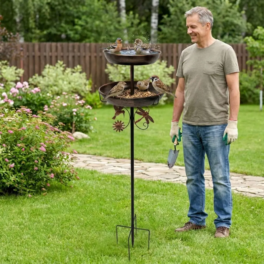 Double Layer Metal Garden Birdbath Vintage Standing Sturdy Iron Bird Bath Feeder Rust-Proof 5-Pronged Base Animals Drinking Tray