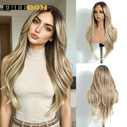FREEDOM Prosta syntetyczna koronkowa peruka z grzywką Koronkowe peruki dla kobiet 26 cali Ombre Brązowe blond peruki Czerwono-biała peruka do cosplay